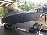 Photo of Edgewater 320CC 20xx T-Top Boat-Cover, viewed from Starboard Front 