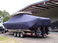 Photo of Everglades 355CC 20xx T-Top Boat-Cover, viewed from Port Rear 