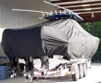 Photo of Fountain 38CC 20xx T-Top Boat-Cover, viewed from Starboard Rear 