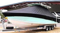 Photo of Jupiter 31CC 20xx T-Top Boat-Cover, viewed from Port Front 