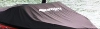 Mooring-Cover-with-Ski-Tower-Logo-Sunbrella-OEM-G5™Factory MOORING COVER for boat with factory installed Ski/Wake Tower, with Boat Manufacturer's logo across front, OEM (Original Equipment Manufacturer)