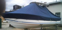 Photo of Regulator 23FS 20xx TTopCover™ T-Top boat cover on stand, viewed from Port Side 