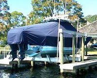 Photo of Regulator 34FS 20xx TTopCover™ T-Top boat cover on Lift, viewed from Starboard Rear 