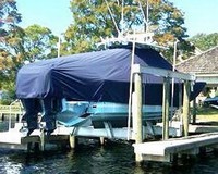 Photo of Regulator 34SS 20xx TTopCover™ T-Top boat cover on Lift, viewed from Starboard Rear 