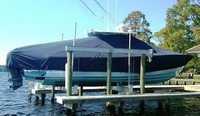 Photo of Regulator 34SS 20xx TTopCover™ T-Top boat cover on Lift, viewed from Starboard Side 