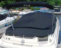 Sea Ray® 240 Sundeck Cockpit-Cover-Bimini-Cutouts-OEM-G3™ Factory Snap-On COCKPIT COVER with Cutouts (openings) for Bimini-Top (the Bimini-Top stands above the windshield) Frame (only), Adjustable Support Pole(s) and reinforced Snap(s) or Grommet(s) inside Cover for Tip of Pole(s), OEM (Original Equipment Manufacturer)