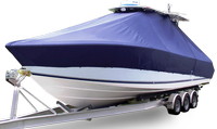 Photo of SeaVee 290 Soft Top 20xx T-Top Boat-Cover, viewed from Starboard Front 