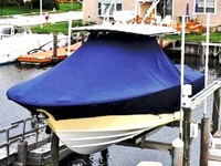 Photo of Southport 28 Tournament Edition 20xx TTopCover™ T-Top boat cover on Lift, viewed from Port Front, Above 