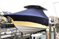 Photo of Southport 28 Tournament Edition 20xx TTopCover™ T-Top boat cover on Lift, viewed from Port Front 
