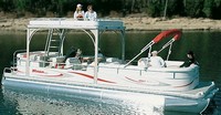 Photo of Triton Summit 280T Platinum, 2006: with Optional Hard-Top Pontoon Fwd Camper Top in Boot (Factory OEM website photo), viewed from Starboard Front 