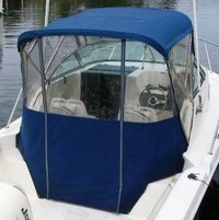 Photo of Aquasport 215 Explorer, 2000: Bimini Top, Front Connector, Side Curtains, Aft-Drop-Curtain, viewed from Starboard Rear 