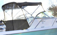 Photo of Aquasport 215 Explorer, 2004: Bimini Top, Front Connector, Side Curtains, Aft-Drop-Curtain, viewed from Starboard Rear 