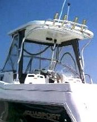 Photo of Aquasport 250 Explorer, 2005: Hard-Top, Front Connector, Side Curtains, Aft-Drop-Curtains, viewed from Port Rear 