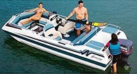 Boat-Cover-CSF-Model™Carver(r) 750xx series Styled-To Fit(tm) boat cover (for Deck boat with Low/No Bow Rails (up to 3 inch); O/B) provides a GUARANTEED Fit