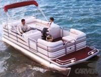 Boat-Cover-CSF-Model™Carver(r) 776xx series Styled-To Fit(tm) boat cover (for Pontoon with folded-down Bimini-Top and Rails that PARTIALLY Enclose Deck leaving 1-3 foot of Open Deck forward of Front Gate; O/B) provides a GUARANTEED Fit