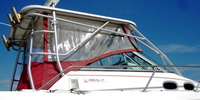 Photo of Boston Whaler Conquest 28, 2001: Hard-Top, Front Visor, Side Curtains, Aft-Drop-Curtain, viewed from Starboard Side 