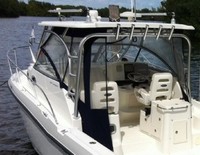 Photo of Boston Whaler Conquest 305, 2005: Hard-Top, Front Conector, Side Curtains, Aft-Drop-Curtains, viewed from Port Rear 