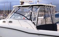 Photo of Boston Whaler Conquest 305 2005: Hard-Top, Front Connector, Side Curtains, Aft-Drop-Curtain, viewed from Port Rear 