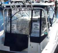 Photo of Boston Whaler Conquest 305, 2005: Hard-Top, Front Connector, Side Curtains, Aft-Drop-Curtain, viewed from Starboard Rear 