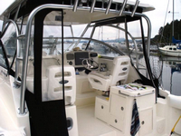 Photo of Boston Whaler Conquest 305, 2006: Hard-Top, Front Connector, Side Curtains, Aft-Drop-Curtain Zipped Open, viewed from Port Rear 