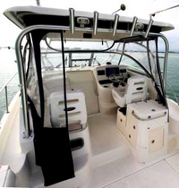 Photo of Boston Whaler Conquest 305, 2009: Hard-Top, Front Connector, Side Curtains, Aft-Drop-Curtain Zipped Open, Rear 