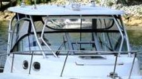 Photo of Boston Whaler Conquest 305, 2011: Hard-Top, Front Connector, Side Curtains, Aft-Drop-Curtain Zipped Open, viewed from Starboard Front 