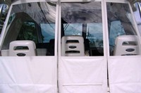 Photo of Boston Whaler Conquest 345 Pilot House, 2010: Hard-Top Aft-Drop-Curtains, Aft and, Side Hard-Top Curtain Connections, Rear 