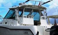Photo of Boston Whaler Conquest 345 Pilot House, 2010: Hard-Top Aft-Drop-Curtains, Aft and, Side Hard-Top Curtains Connections, viewed from Port Rear 