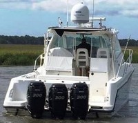 Photo of Boston Whaler Conquest 345 Pilot House, 2012: Hard-Top Aft-Drop-Curtains, Aft and, Side Hard-Top Curtain Connections, Rear 