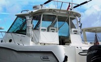 Photo of Boston Whaler Conquest 345, 2010: Hard-Top Aft-Drop-Curtains, Aft and, Side Hard-Top Curtain Connections White Stamoid, viewed from Port Rear 