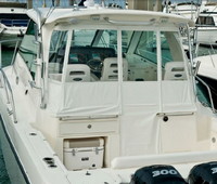 Photo of Boston Whaler Conquest 345, 2013: Hard-Top, Side Curtains White Stamoid, viewed from Port Rear 