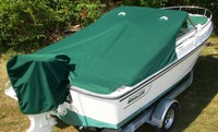 Photo of Boston Whaler Dauntless 20, 1998: Bow Cover Cockpit Cover to Top of WindShield Forest Green Sunbrella, viewed from Starboard Rear 