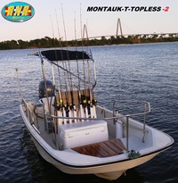 Photo of Boston Whaler Montauk 17 19xx Montauk T-Topless™ Folding T-Top (MT2) on the water Cooper River Bridge, viewed from Starboard Front 