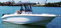 Photo of Boston Whaler Outrage 270 2004: Factory OEM Suhbrella T-Top, Visor T-Top Enclosure Curtains, viewed from Starboard Front 