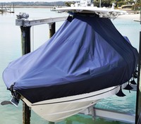 Photo of Boston Whaler Outrage 280 20xx T-Top Boat-Cover Sand Bags On Lift, viewed from Port Front 