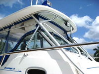 Photo of Boston Whaler Outrage 28, 2000: Hard-Top, Visor, Side Curtains close up, viewed from Starboard Front 