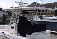 Photo of Boston Whaler Outrage 320 Center Console, 2004: Factory OEM Hard-T-Top Life Jacket Storage Console-Cover Seat Cover Dual, viewed from Port Rear 