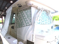 Photo of Boston Whaler Outrage 370 2013: Hard-Top Wing Curtains (white Stamoid only) Helm Enclosure Curtains (Side Enclosures with Aft-Drop, white or black from Whaler) 