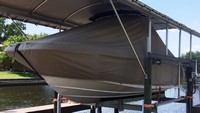 Boston Whaler® Vantage 230 Tower T-Top-Boat-Cover-Sunbrella-1799™ Custom fit TTopCover(tm) (Sunbrella(r) 9.25oz./sq.yd. solution dyed acrylic fabric) attaches beneath factory installed T-Top or Hard-Top to cover entire boat and motor(s)