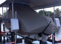 Boston Whaler® Vantage 230 Tower T-Top-Boat-Cover-Elite-1699™ Custom fit TTopCover(tm) (Elite(r) Top Notch(tm) 9oz./sq.yd. fabric) attaches beneath factory installed T-Top or Hard-Top to cover boat and motors
