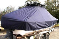 Carolina Skiff® 218 DLV T-Top-Boat-Cover-Sunbrella-1399™ Custom fit TTopCover(tm) (Sunbrella(r) 9.25oz./sq.yd. solution dyed acrylic fabric) attaches beneath factory installed T-Top or Hard-Top to cover entire boat and motor(s)