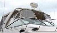 Photo of Chaparral 300 Signature, 2003: Bimini Connector zipped open, Side Curtains, Camper Camper Side Curtains closeup, viewed from Starboard Front 
