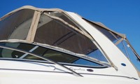 Photo of Chaparral 350 Signature Arch, 2005: Bimini Top, Front Connector, Side Curtains, Camper Top, Camper Side Curtains Linen Tweed close up, viewed from Port Front 
