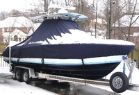 Photo of Contender 25 Open, 2006: T-Top Boat-Cover Snow Covered, viewed from Starboard Front 