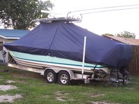 Contender® 28S Sport T-Top-Boat-Cover-Sunbrella-2349™ Custom fit TTopCover(tm) (Sunbrella(r) 9.25oz./sq.yd. solution dyed acrylic fabric) attaches beneath factory installed T-Top or Hard-Top to cover entire boat and motor(s)