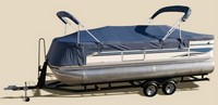 Pontoon-Double-Canopy-Mooring-Cover-Rail-Lok-OEM-D7™Pontoon Boat Mooring Cover with Cutouts for Bow (front) and Aft (rear) Canopy (Bimini) Top Frames (not included) to pass through, using patended Rail-Lok(tm) system instead of Snaps\, OEM (Original Equipment Manufacturer)
