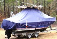 Edgewater® 200CC T-Top-Boat-Cover-Wmax-949™ Custom fit TTopCover(tm) (WeatherMAX(tm) 8oz./sq.yd. solution dyed polyester fabric) attaches beneath factory installed T-Top or Hard-Top to cover entire boat and motor(s)