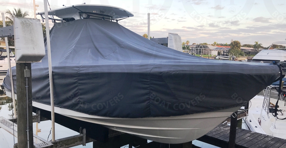 Edgewater 262CC, 20xx, TTopCovers™ T-Top boat cover On Lift (recommend 6 8 Sand Bags), starboard front