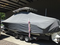 Photo of Edgewater 320CC 20xx T-Top Boat-Cover, viewed from Port Rear 
