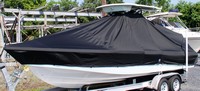Photo of Everglades 243CC 20xx T-Top Boat-Cover Black, viewed from Port Front 